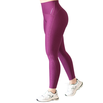 Leggings Deportivos para Mujer Fitness:  Efecto Push Up, Cintura Alta, Textil Lycra Transpirable con Relieves de Mini Print, Color Morado | Adriana Olimpo