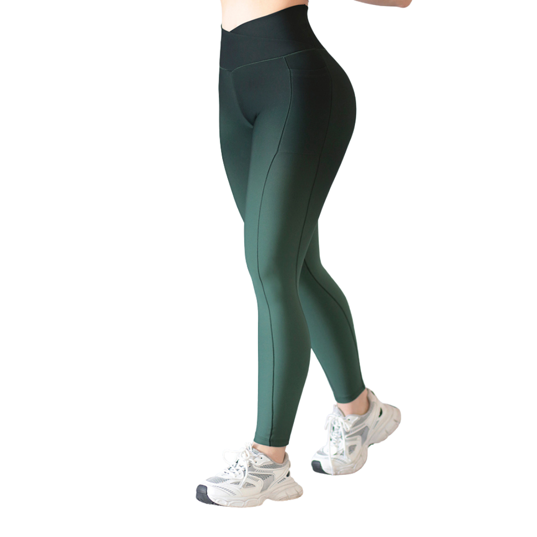 Leggings Deportivos para Mujer Fitness: Efecto Básico, Cintura Alta, Con Bolsillos Laterales, Textil Lycra Transpirable con Acabado Liso, Color Verde Degradado | Adriana Olimpo