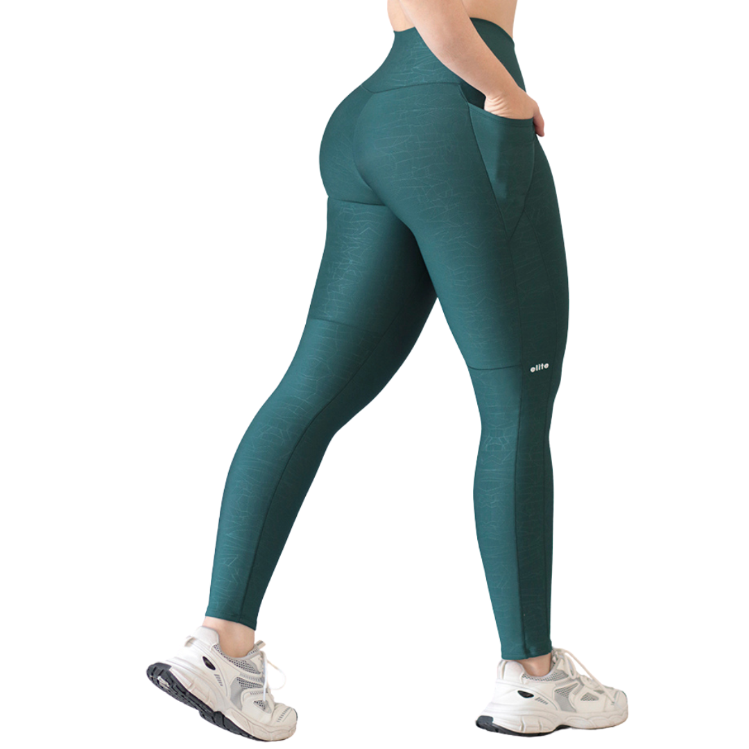 Leggings Deportivos para Mujer Fitness: Efecto Básico, Cintura Alta, Con Bolsillos Laterales, Textil Lycra Transpirable con Relieve de Craquel, Color Verde Marina | Adriana Olimpo