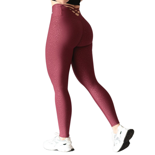 Leggings Deportivos para Mujer Fitness: Efecto Push Up, Cintura Alta, Textil Lycra Transpirable Texturizado con Relieves Print, Color Tinto| Adriana Olimpo