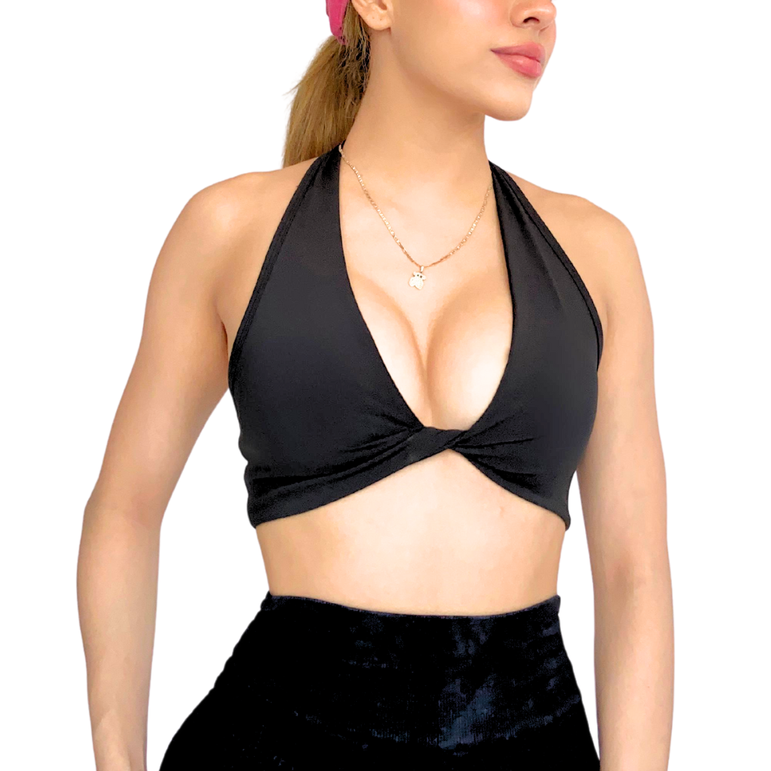 Top para Mujer Fitness: Twist Alto Impacto, Textil Liso, Transpirable, Color Negro| Adriana Olimpo