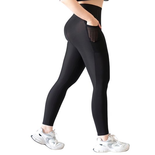 Leggings Deportivos para Mujer Fitness: Efecto Básico, Cintura Alta, Con Bolsillos, Laterales Velo Mesh  Transparencias, Textil Lycra Transpirable con Acabado Liso, Color Negro | Adriana Olimpo