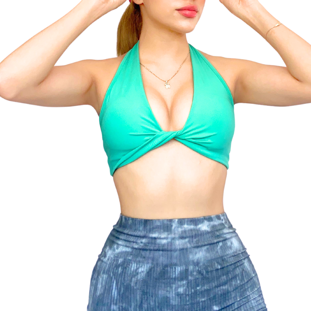 Top para Mujer Fitness: Twist Alto Impacto, Textil Liso, Transpirable, Color Menta | Adriana Olimpo