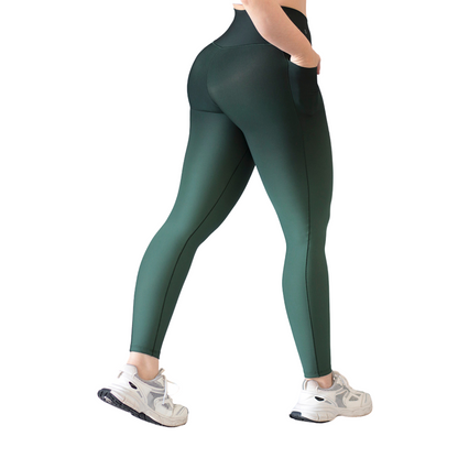 Leggings Deportivos para Mujer Fitness: Efecto Básico, Cintura Alta, Con Bolsillos Laterales, Textil Lycra Transpirable con Acabado Liso, Color Verde Degradado | Adriana Olimpo