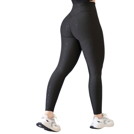 Leggings Deportivos para Mujer Fitness:  Efecto Push Up, Cintura Alta, Textil Lycra Transpirable con Destellos Reflectantes✨ y Relieves Estelar, Color Negro | Adriana Olimpo