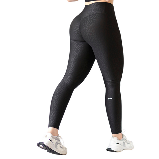 Leggings Deportivos para Mujer Fitness: Efecto Push Up, Cintura Alta, Textil Lycra Transpirable Texturizado con Relieves de Leopardo, Color Negro | Adriana Olimpo