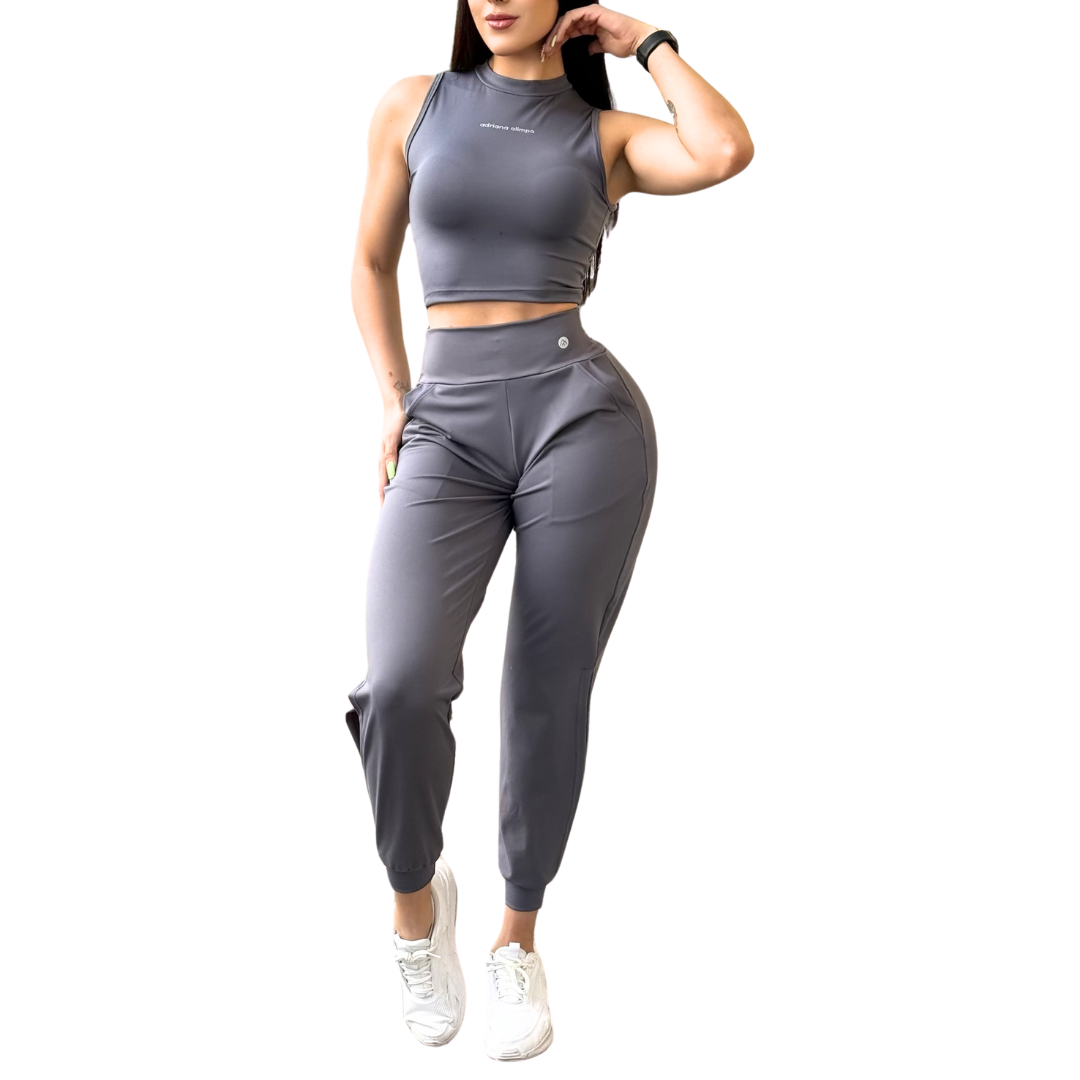 Pans Deportivos para Mujer Fitness: Efecto Básico, Cintura Alta, Con Bolsillos Laterales, Textil Lycra Transpirable con Acabado Liso, Color Gris | Adriana Olimpo