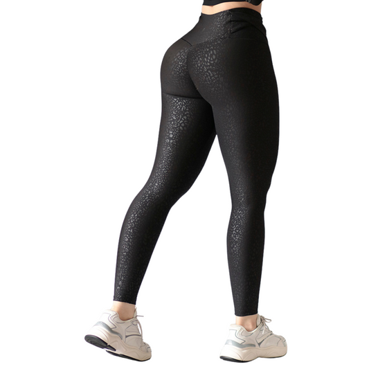 Leggings Deportivos para Mujer Fitness: Efecto Push Up, Cintura Alta, Textil Lycra Transpirable con Relieve Mini Print Cuerdas laterales, Negro | Adriana Olimpo