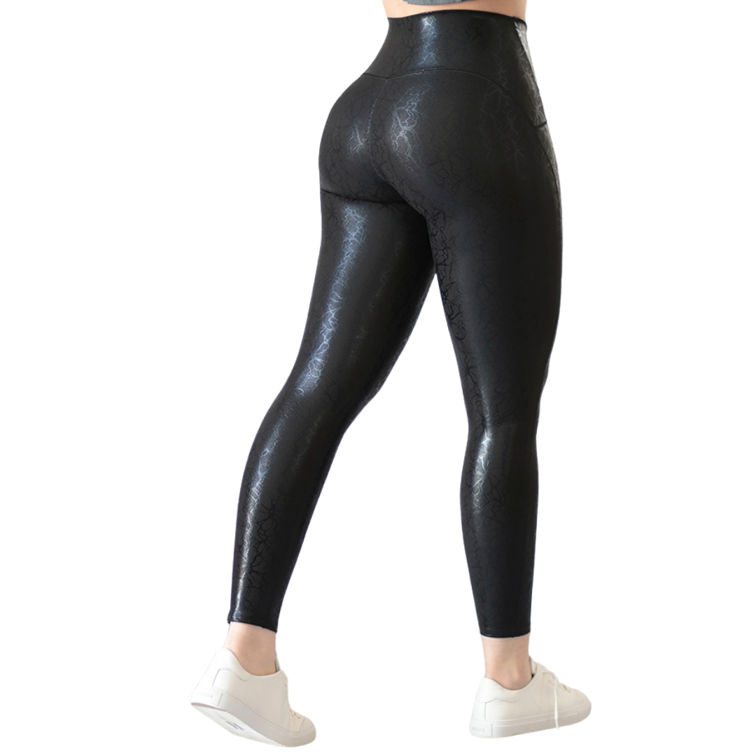 Leggings Deportivos para Mujer Fitness: Efecto Básico, Cintura Alta, Textil Lycra Transpirable con Destellos Reflectantes✨ y Relieves Floral, Color Negro | Adriana Olimpo