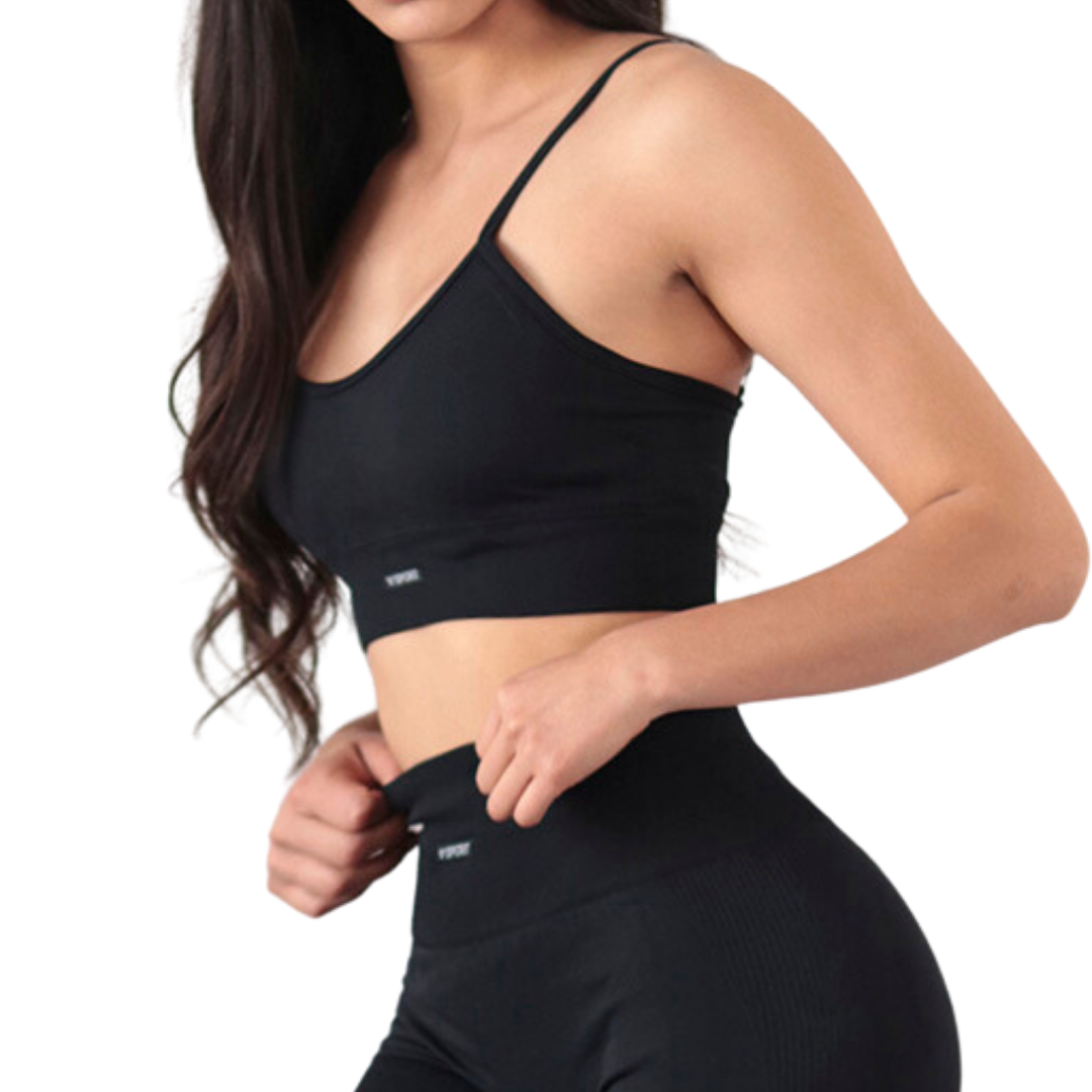 Top para Mujer Fitness: Seamless, Alto Impacto, Con Copas, Ajuste Perfecto, Textil Liso Transpirable, Color Negro | Adriana Olimpo