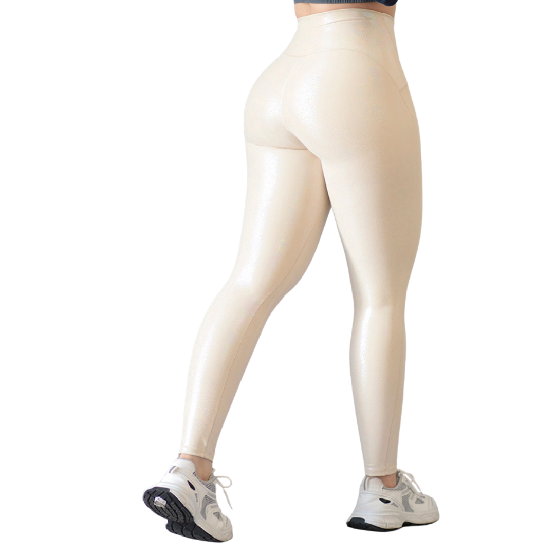 Leggings Deportivos para Mujer Fitness: Efecto Básico, Cintura Alta, Textil Lycra Transpirable con Destellos Reflectantes✨ y Relieves, Beige Tornasol | Adriana Olimpo