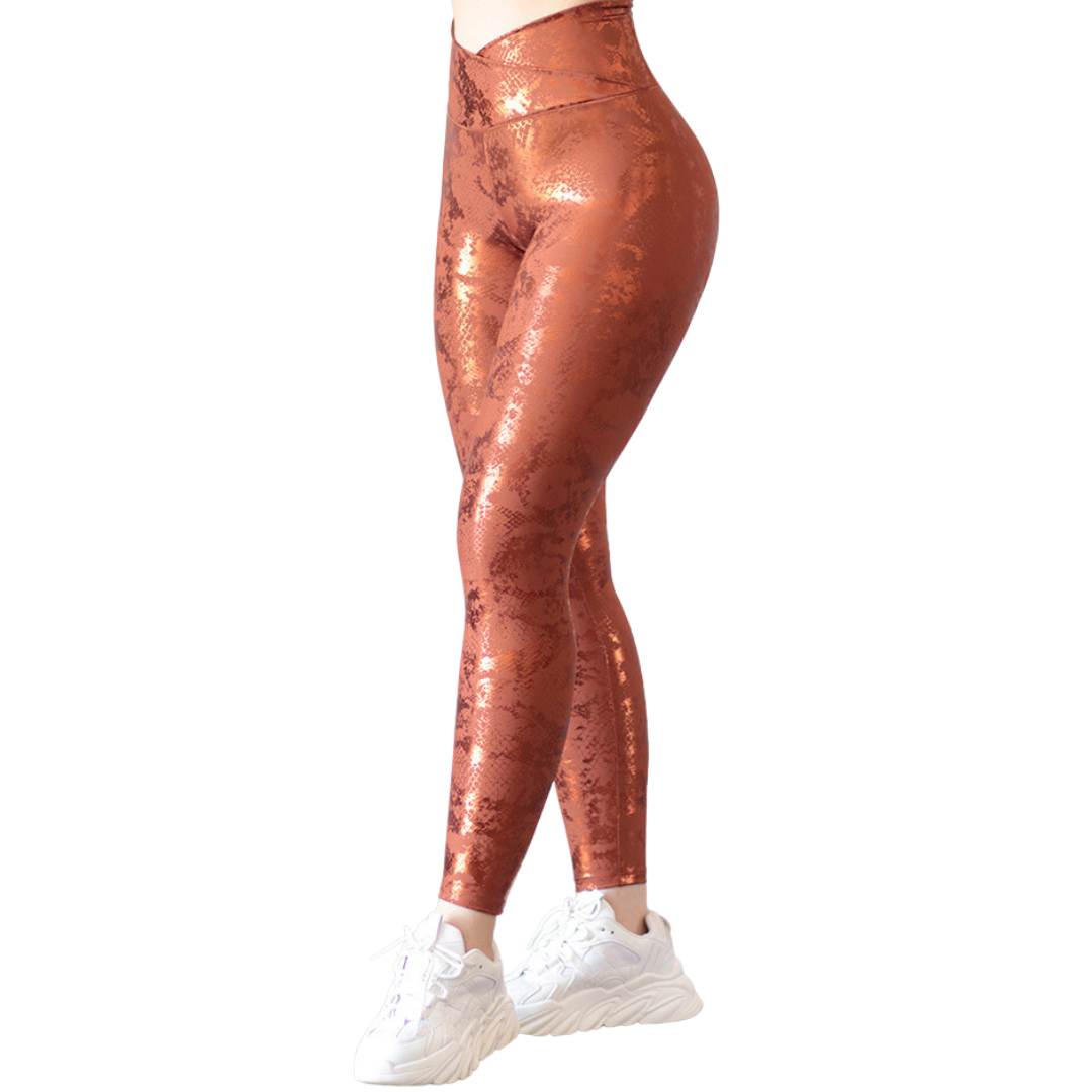 Leggings Deportivos para Mujer Fitness: Efecto Básico, Cintura Alta, Textil Lycra Transpirable con Destellos Reflectantes✨ y Relieves Oro, Color Cobre | Adriana Olimpo