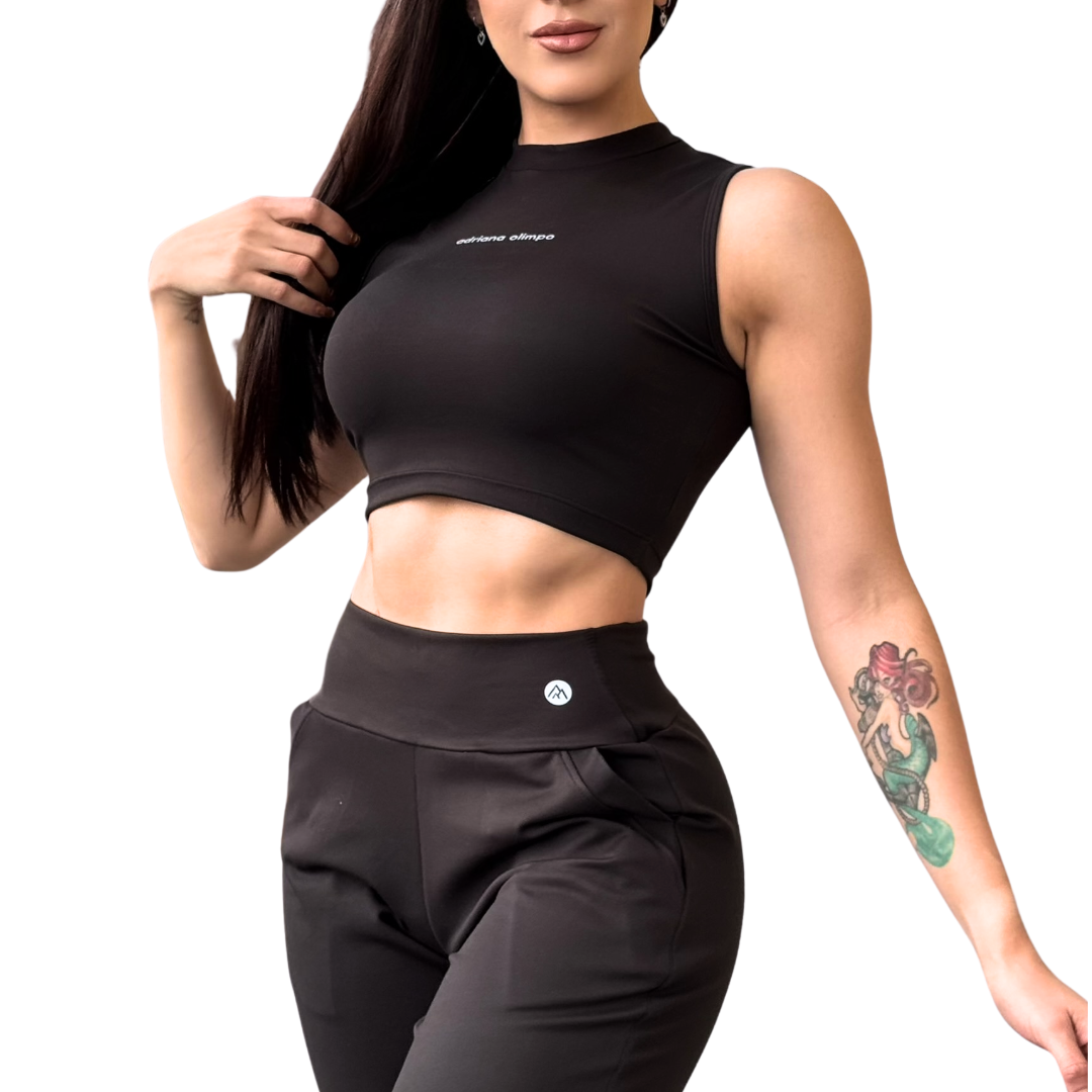 Blusa para Mujer Fitness: Sin Manga, Cuello Redondo, Textil Lycra Transpirable Acabado Liso, Negra | Adriana Olimpo