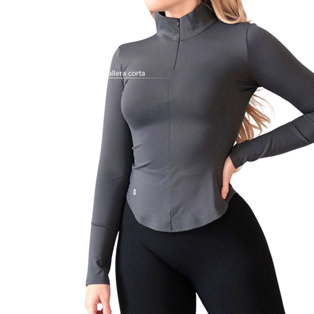 Blusa Deportiva para Mujer Fitness: Manga Larga, Textil Lycra Transpirable con Acabado Liso, Color Gris | Adriana Olimpo