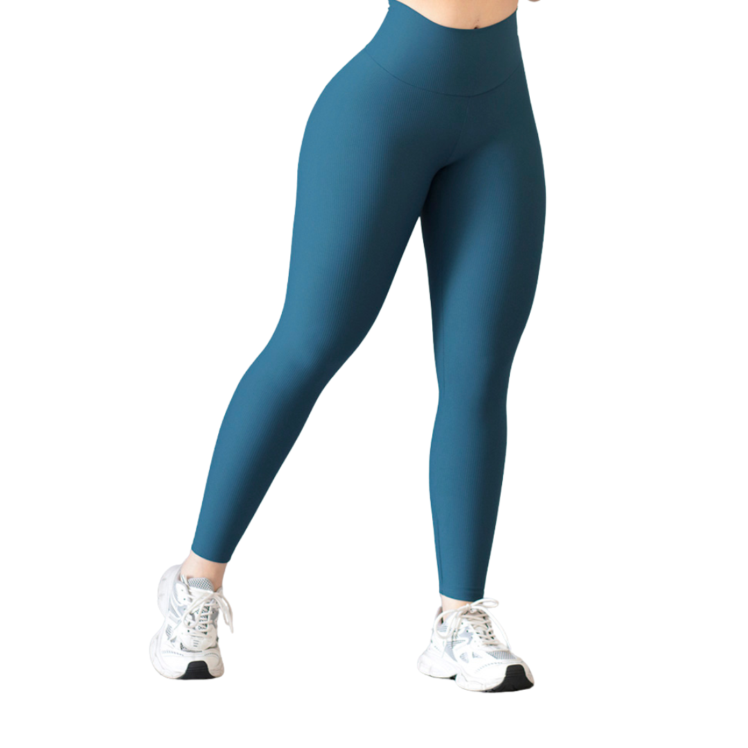 Leggings Deportivos para Mujer Fitness: Efecto Básico, Cintura Alta, Textil Lycra Transpirable con Relieves de Líneas, Color Azul Petroleo | Adriana Olimpo