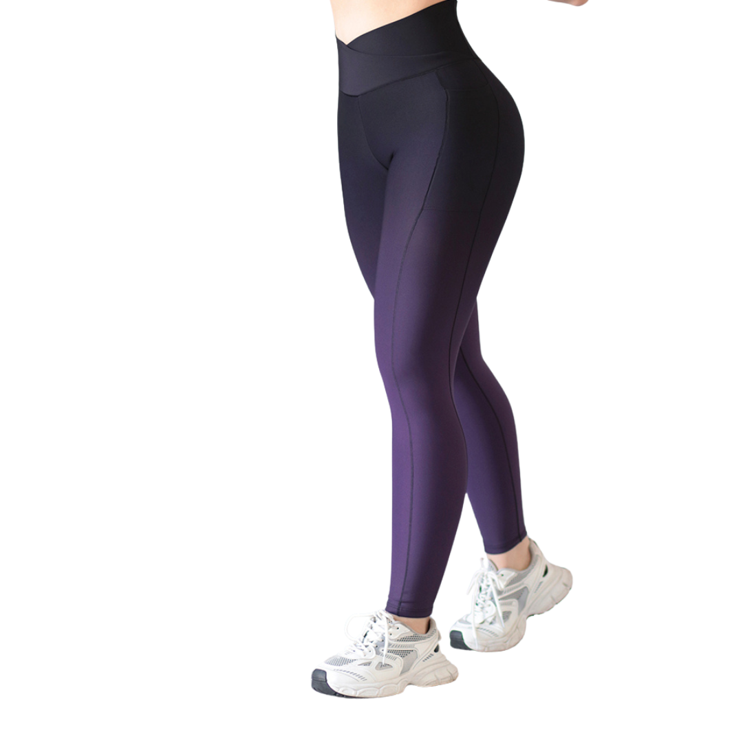 Leggings Deportivos para Mujer Fitness: Efecto Básico, Cintura Alta, Con Bolsillos Laterales, Textil Lycra Transpirable con Acabado Liso, Color morado Degradado | Adriana Olimpo