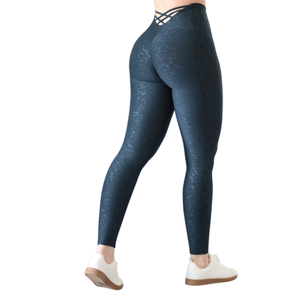 Leggings Deportivos para Mujer Fitness: Efecto Push Up, Cintura Alta, Textil Lycra Transpirable Texturizado con Relieves de Leopardo, Color Azul Rey | Adriana Olimpo