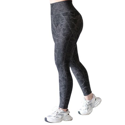 Leggings Deportivos para Mujer Fitness: Efecto Básico, Cintura Alta, Con Bolsillos Laterales, Textil Lycra Transpirable con Acabado Liso Snake, Color Gris | Adriana Olimpo