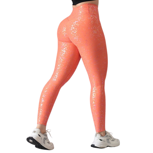 Leggings Deportivos para Mujer Fitness: Efecto Push Up, Cintura Alta, Textil Lycra Transpirable con Destellos Reflectantes✨ y Relieves Puntitos, Color Naranja | Adriana Olimpo