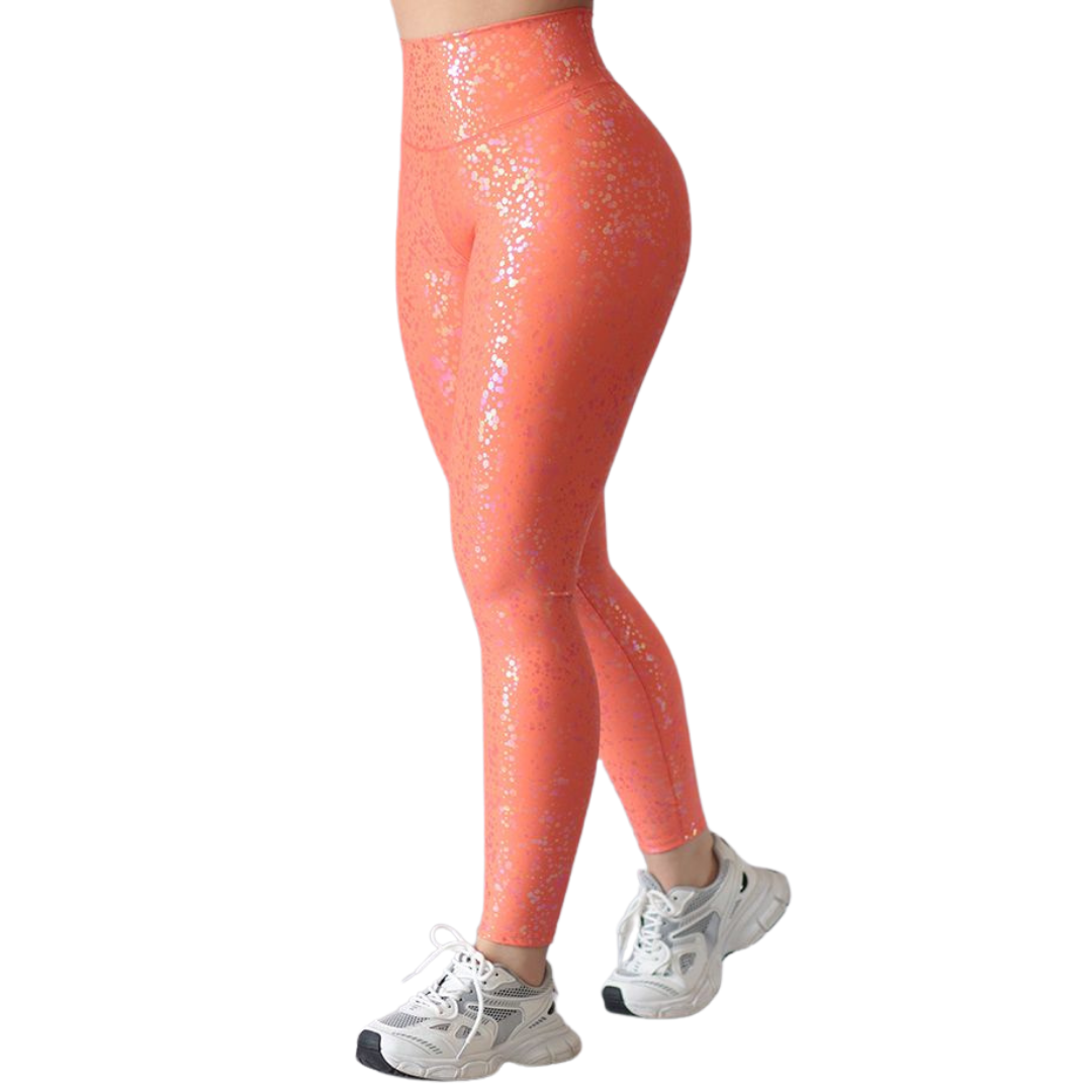 Leggings Deportivos para Mujer Fitness: Efecto Push Up, Cintura Alta, Textil Lycra Transpirable con Destellos Reflectantes✨ y Relieves Puntitos, Color Naranja | Adriana Olimpo