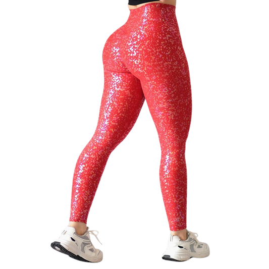 Leggings Deportivos para Mujer Fitness: Efecto Push Up, Cintura Alta, Textil Lycra Transpirable con Destellos Reflectantes✨ y Relieves Puntitos, Color Roja | Adriana Olimpo