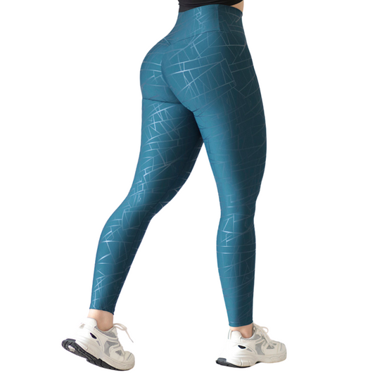 Leggings Deportivos para Mujer Fitness:  Efecto Push Up, Cintura Alta, Textil Lycra Transpirable con Destellos Reflectantes✨ y Relieves Angular, Color Azul | Adriana Olimpo