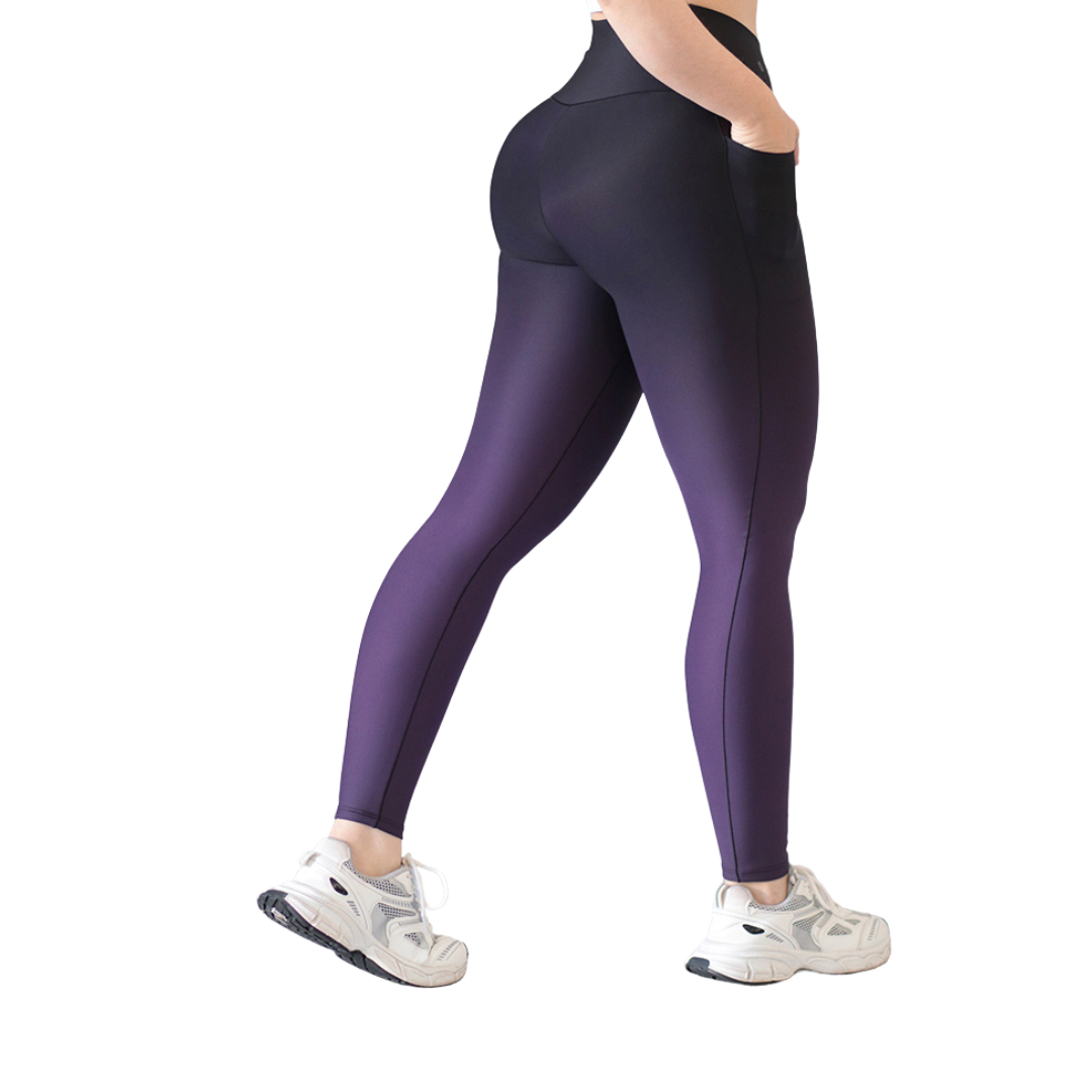 Leggings Deportivos para Mujer Fitness: Efecto Básico, Cintura Alta, Con Bolsillos Laterales, Textil Lycra Transpirable con Acabado Liso, Color morado Degradado | Adriana Olimpo