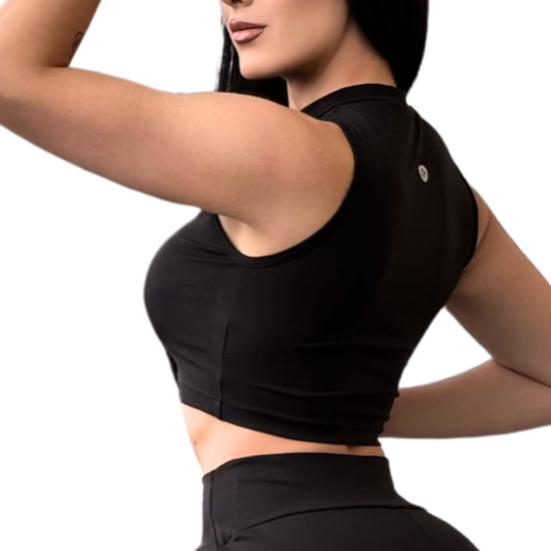 Blusa para Mujer Fitness: Sin Manga, Cuello Redondo, Textil Lycra Transpirable Acabado Liso, Negra | Adriana Olimpo