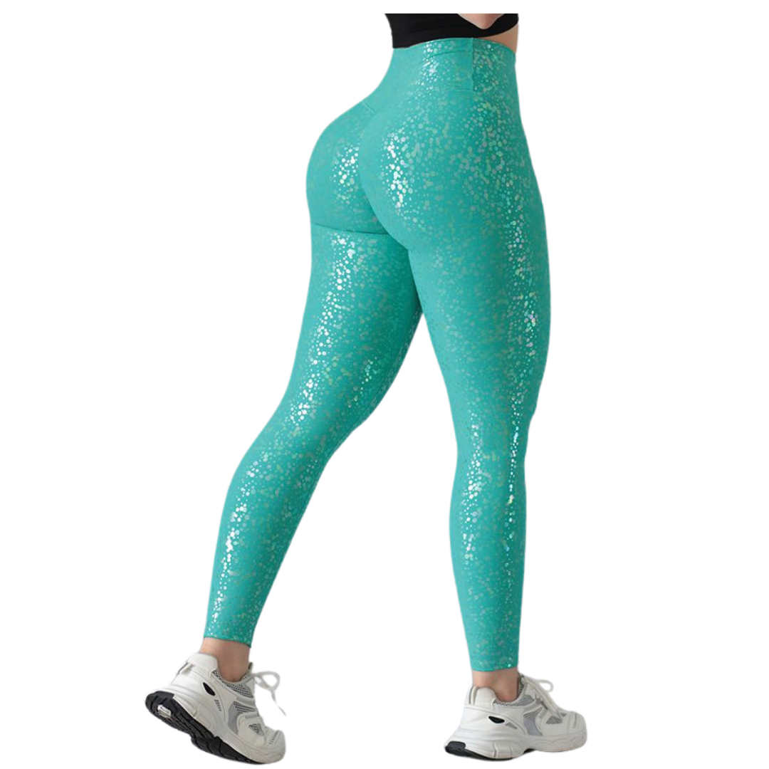 Leggings Deportivos para Mujer Fitness:  Efecto Push Up, Cintura Alta, Textil Lycra Transpirable con Destellos Reflectantes✨ y Relieves Brillos, Color Verde Tornasol | Adriana Olimpo