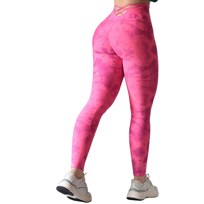 Leggings Deportivos para Mujer Fitness: Efecto Push Up, Cintura Alta, Textil Lycra Transpirable con Acabado Liso Tie Dye Tresa, Rosa Bubalo | Adriana Olimpo