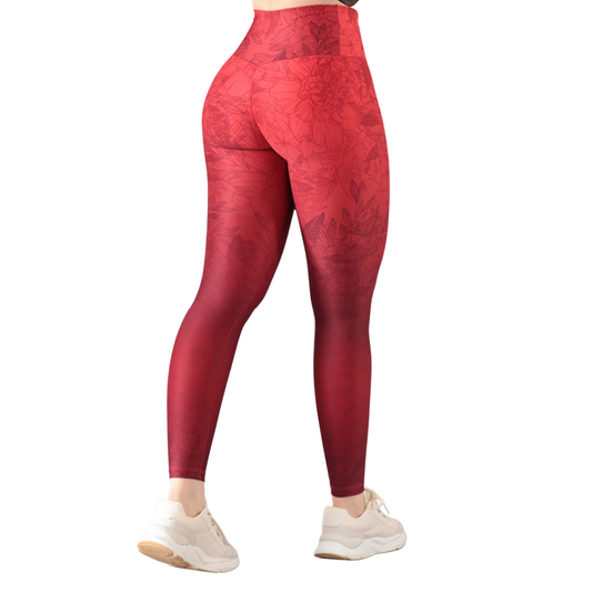 Leggings Deportivos para Mujer Fitness: Efecto Push Up, Cintura Alta, Textil Lycra Transpirable con Acabado Liso, Color Rojo Flores | Adriana Olimpo