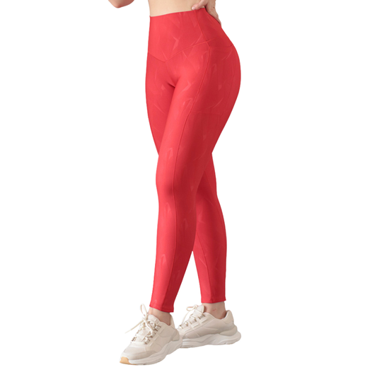 Leggings Deportivos para Mujer Fitness: Efecto Básico, Cintura Alta, Con Bolsillos Laterales, Textil Lycra Transpirable con Relieve Angular, Color Rojo | Adriana Olimpo