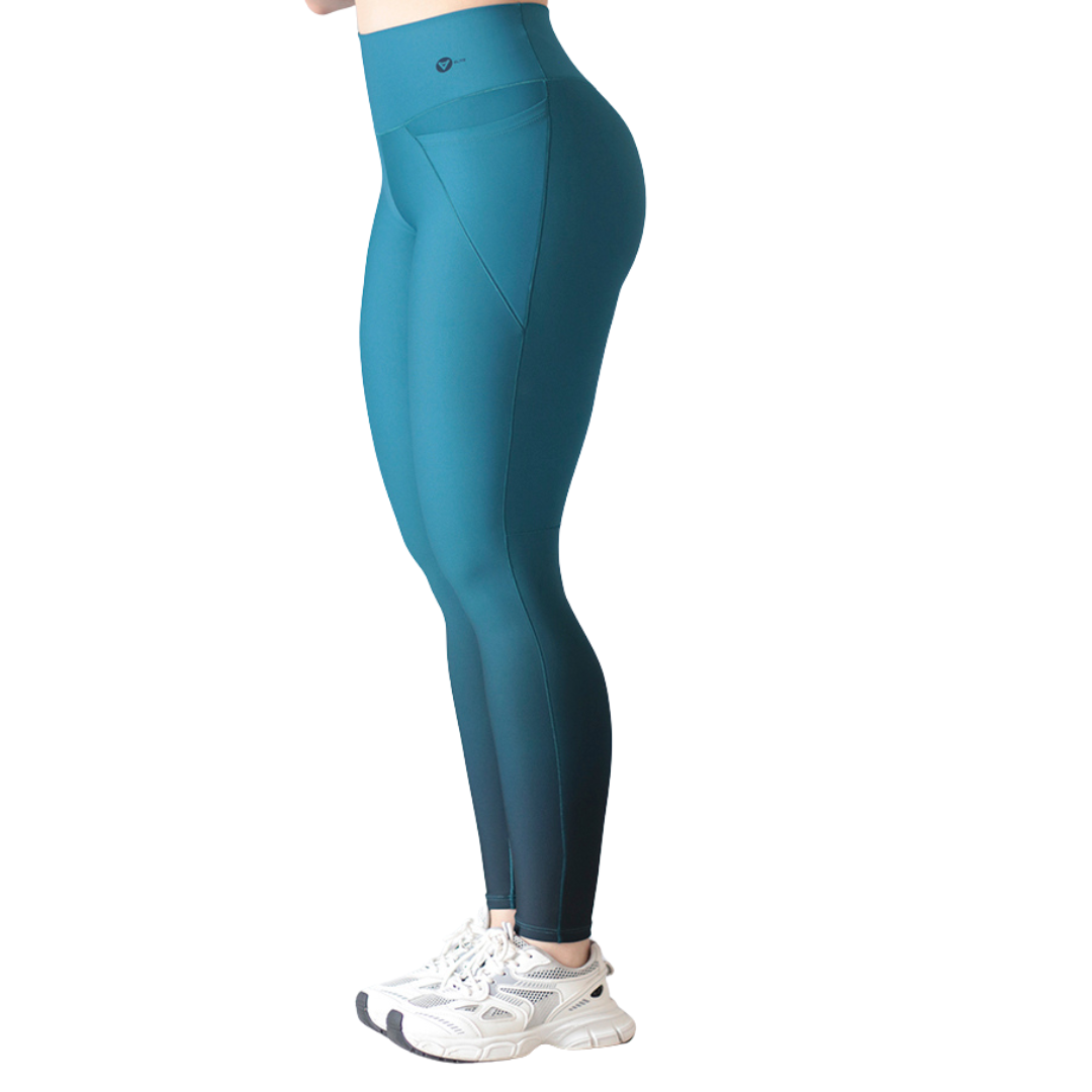 Leggings Deportivos para Mujer Fitness: Efecto Básico, Cintura Alta, Con Bolsillos Laterales, Textil Lycra Transpirable con Acabado Liso Degradado, Color Azul | Adriana Olimpo