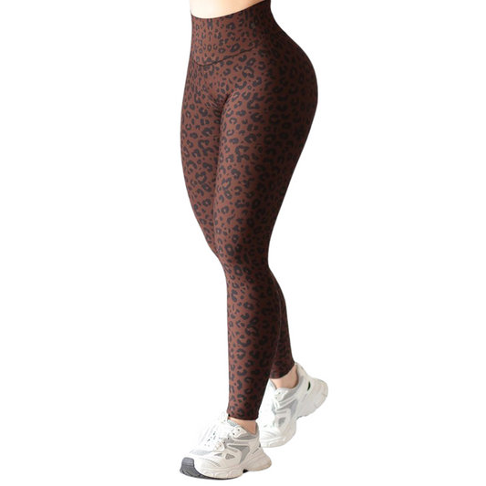 Leggings Deportivos para Mujer Fitness: Efecto Push Up, Cintura Alta, Textil Lycra Transpirable con Acabado Liso, Color Cafe Leopardo | Adriana Olimpo