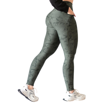 Leggings Deportivos para Mujer Fitness: Efecto Básico, Cintura Alta, Con Bolsillos Laterales, Textil Lycra Transpirable con Acabado Liso Army, Color Olivo | Adriana Olimpo