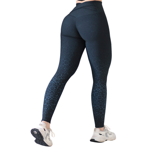 Leggings Deportivos para Mujer Fitness: Efecto Push Up, Cintura Alta, Textil Lycra Transpirable con Acabado Liso Print, Color Azul Marino Degradado | Adriana Olimpo