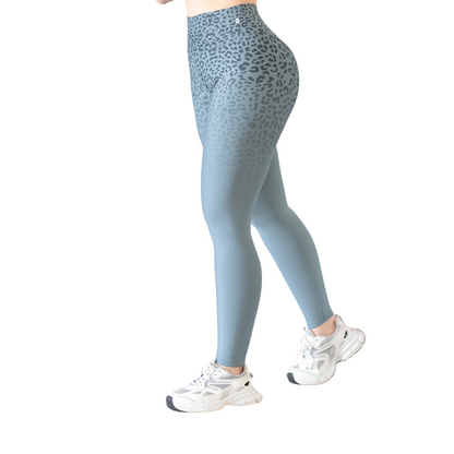 Leggings Deportivos para Mujer Fitness: Efecto Push Up, Cintura Alta, Textil Lycra Transpirable con Acabado Liso Leopardo Degradado, Color Azul | Adriana Olimpo