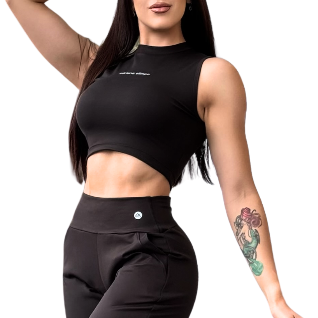 Blusa para Mujer Fitness: Sin Manga, Cuello Redondo, Textil Lycra Transpirable Acabado Liso, Negra | Adriana Olimpo