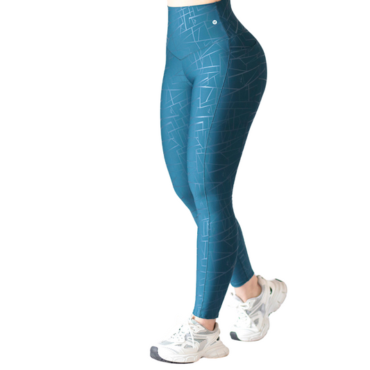 Leggings Deportivos para Mujer Fitness: Efecto Básico, Cintura Alta, Con Bolsillos Laterales, Textil Lycra Transpirable con Destellos Reflectantes✨ y Relieves de Lineas, Color Azul | Adriana Olimpo