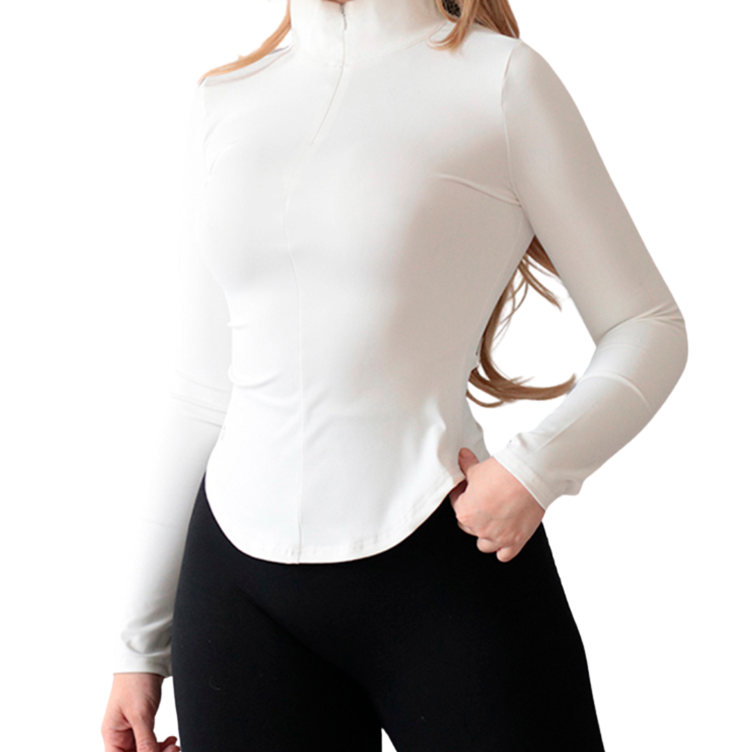 Blusa Deportiva para Mujer Fitness: Manga Larga, Textil Lycra Transpirable con Acabado Liso, Color Blanco | Adriana Olimpo.