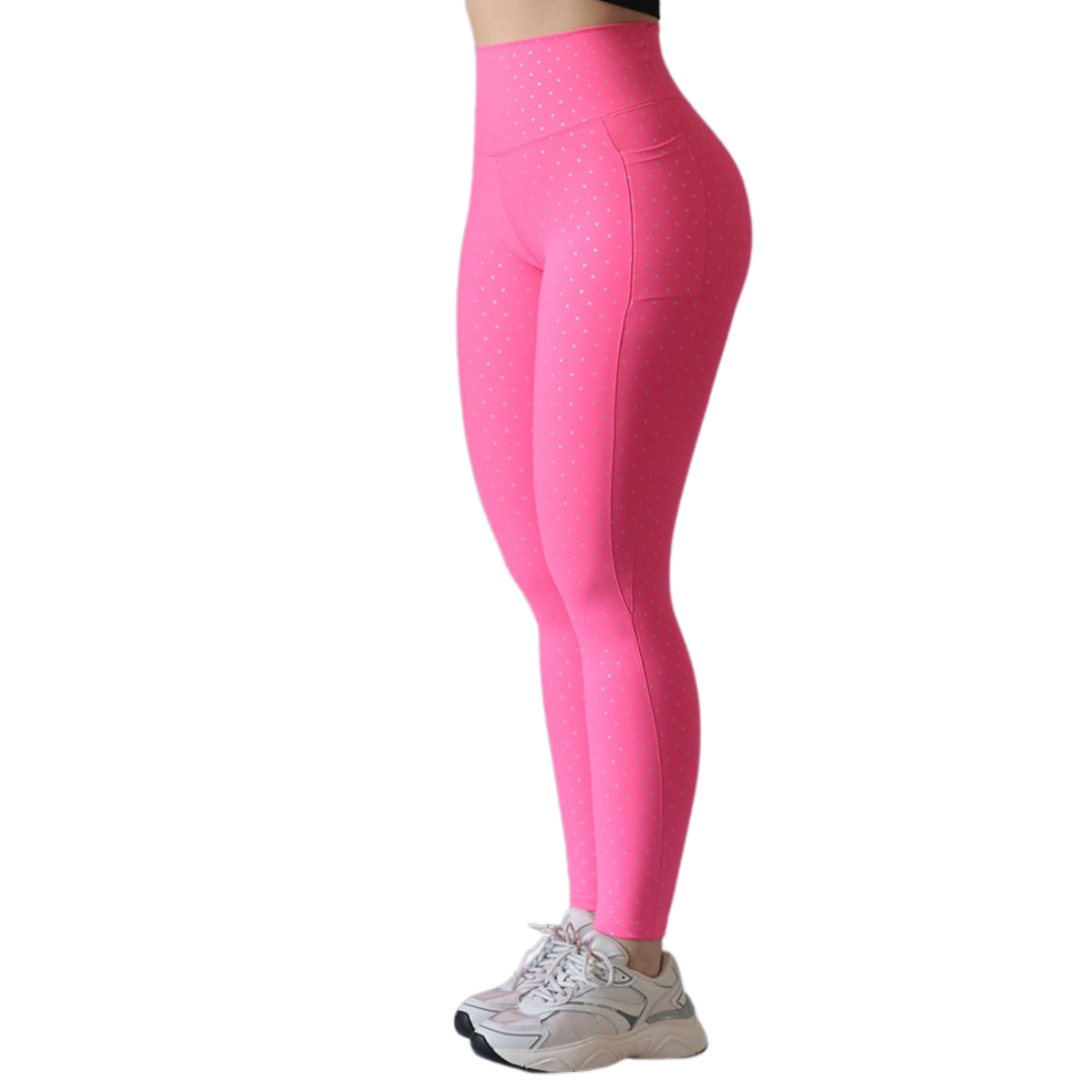 Leggings Deportivos para Mujer Fitness: Efecto Push Up, Cintura Alta, Con Bolsillos Laterales, Textil Lycra Transpirable con Destellos ✨ y Relieves Puntos, Rosa Chicle | Adriana Olimpo