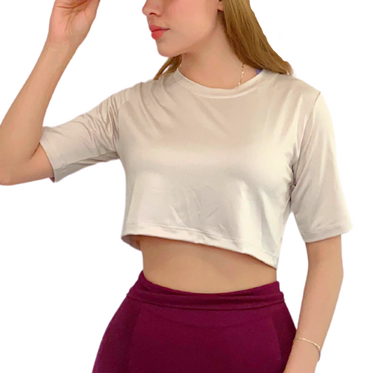 Blusa para Mujer Fitness: Manga Corta, Cuello Redondo, Textil Lycra Transpirable Acabado Liso, Color Nude | Adriana Olimpo