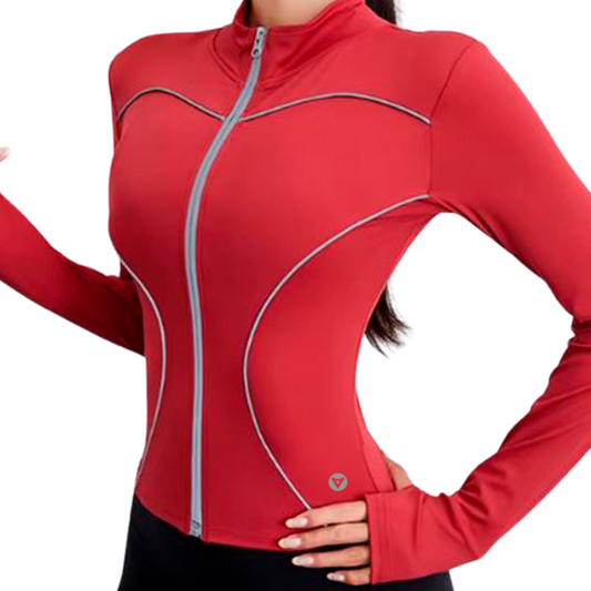 Chamarra Deportiva para Mujer Fitness: Manga Larga, Textil Lycra Transpirable con Acabado Liso Reflectante, Color Roja | Adriana Olimpo.