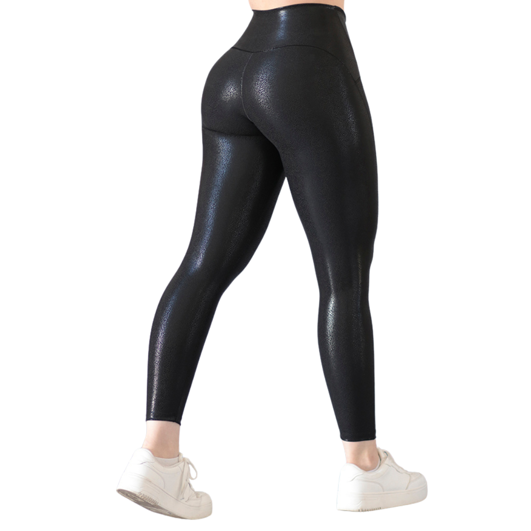 Leggings Deportivos para Mujer Fitness: Efecto Básico, Cintura Alta, Textil Lycra Transpirable con Destellos Reflectantes✨ y Relieves Estatica, Color Negro | Adriana Olimpo