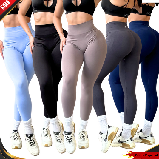 Paquete de 5 Leggings Deportivos para Mujer Fitness: Seamless Efecto Push Up, Cintura Alta, Textil Tejido Liso Suave Transpirable, Color; Negro, Almendra, Azul Marino, Gris Oxford, Azul Baby | Adriana Olimpo