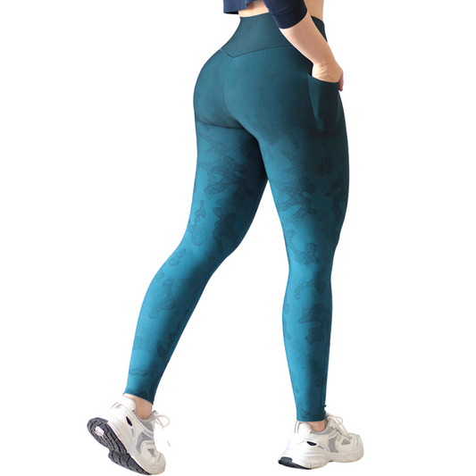 Leggings Deportivos para Mujer Fitness: Efecto Básico, Cintura Alta, Con Bolsillos Laterales, Textil Lycra Transpirable con Acabado Liso Degradado, Color Azul Camu | Adriana Olimpo